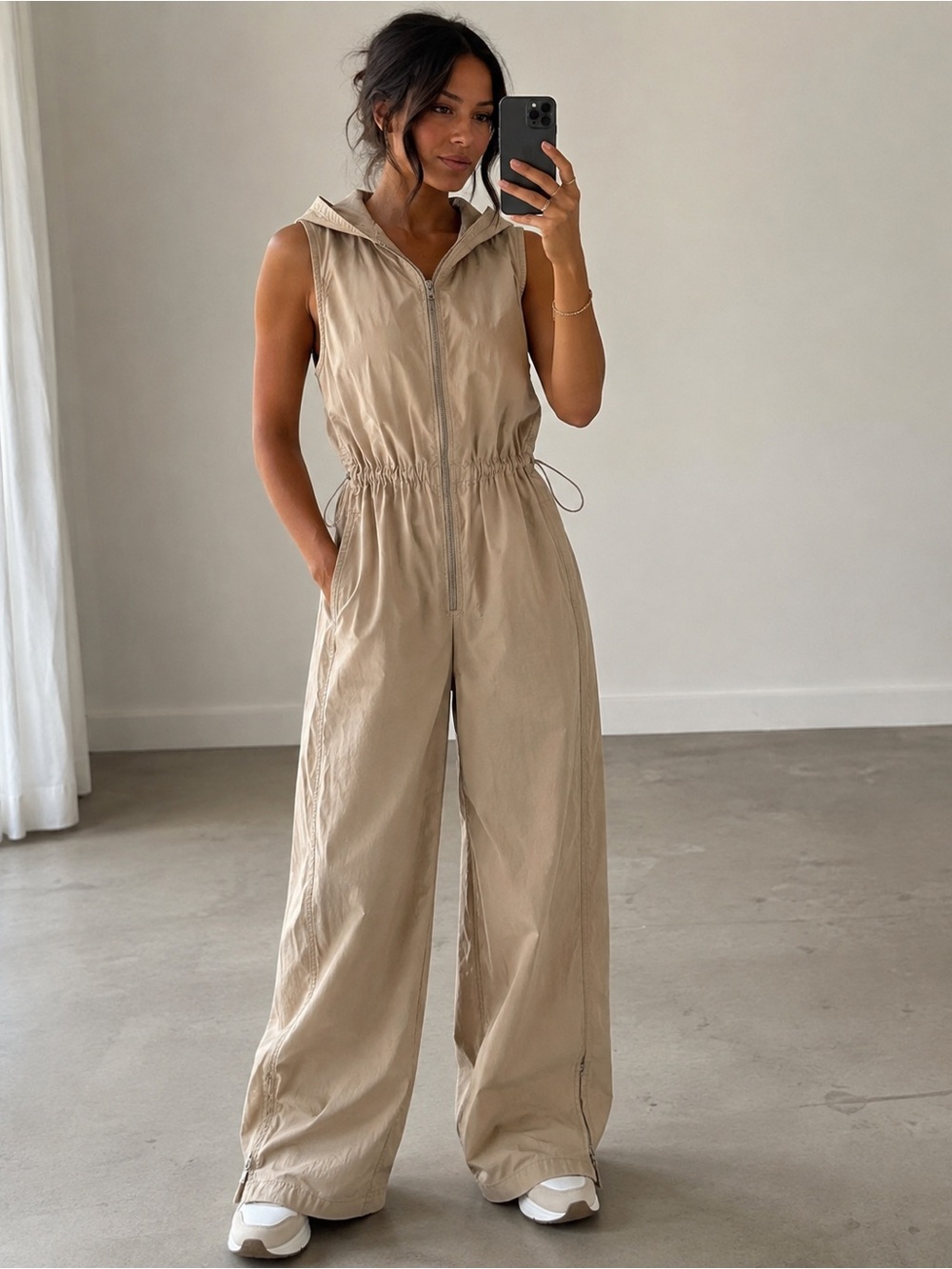Zara Sleeveless Hooded Drawstring Jumpsuit in Beige
